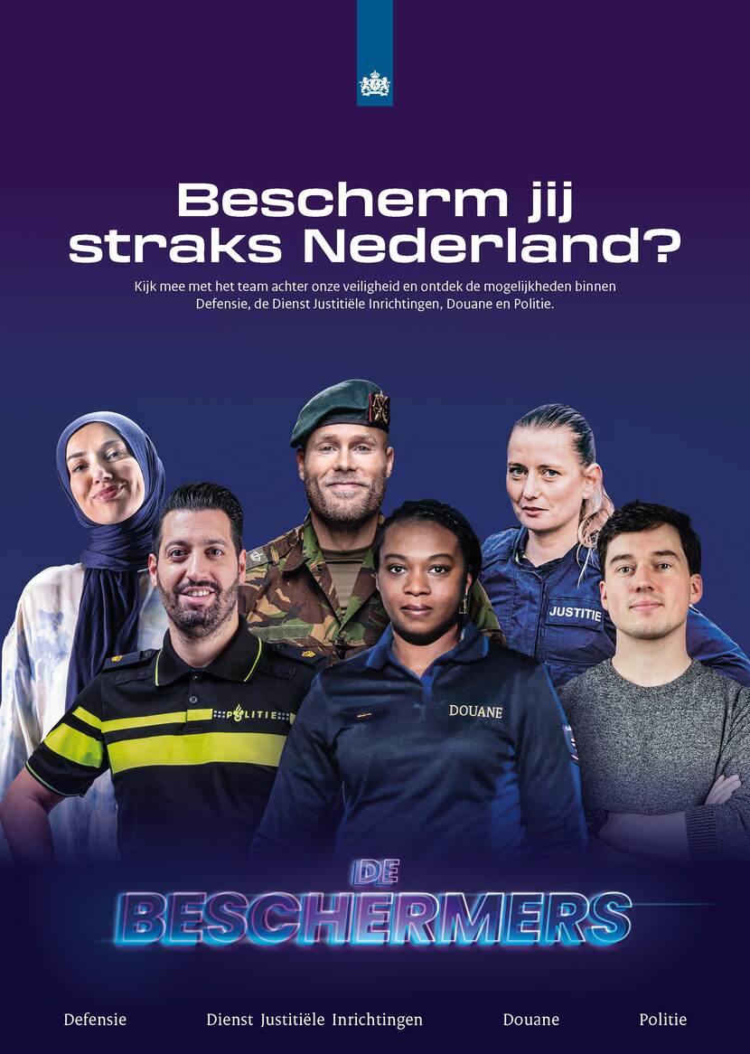 poster waarop mensen met verschillende beroepen in het veiligheidsdomein staan