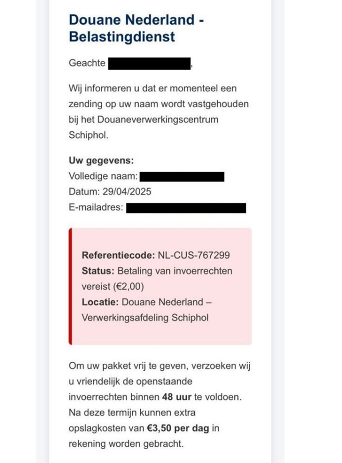 Voorbeeld van de phishingmail die in omloop is